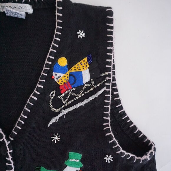 Vintage Victoria Jones Black Holiday Ski Snowman Vest Cotton Festive Grandpa L - Picture 8 of 10